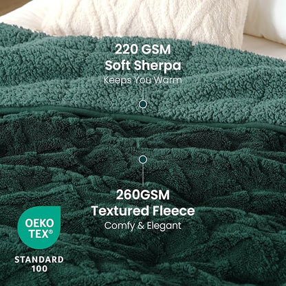 Drewin Weighted Blanket for Adults Queen Size 15 lbs, Soft Fuzzy Jacquard Sherpa Weighted Blankets for Sleeping, Cozy Sofa Bed Blanket for Winter, Dark Green, 60 x 80 inches