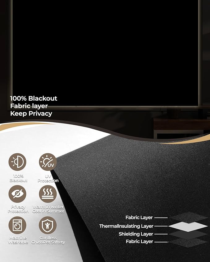 Motorized Roller Shade with Remote Control, 100% Blackout Electric 21-110” Width Blinds for Windows with Via Hub Alexa Google Home, Rechargeable Smart Automatic Customized Size（Dule Side-Black）