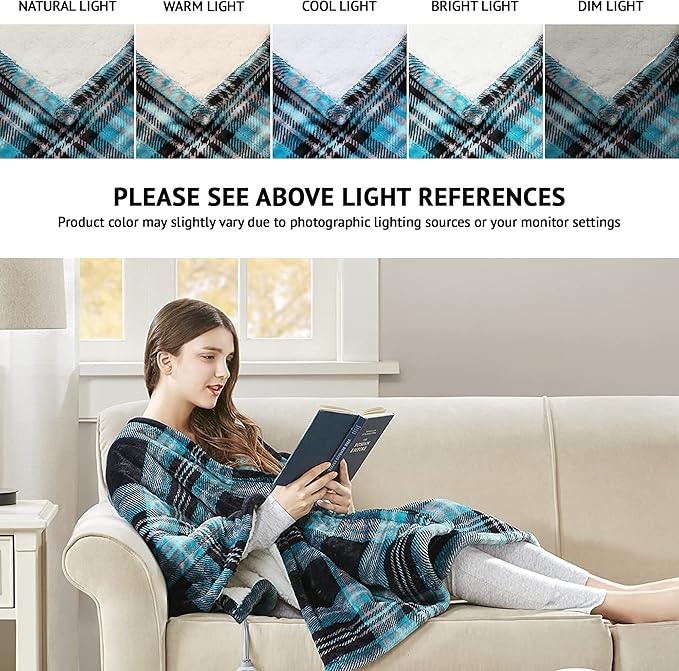 Beautyrest Wearable Electric Poncho Wrap Blanket, Ultra Soft Sherpa & Berber Fleece Heated Throw, UL Certified & Oeko-TEX, 3 Heat Settings & 2 Hour Auto Shutoff, Gift-Ready, 50" x 64", Aqua Plaid