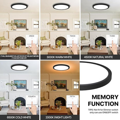 Dimmable LED Flush Mount Ceiling Light Fixture with Remote Control, 24W 2400LM, 12Inch, 2000K Warm Night Light & 3000K-6500K, Modern Super Slim Ceiling Lamp for Bedroom Kitchen, Black, 1 Pack