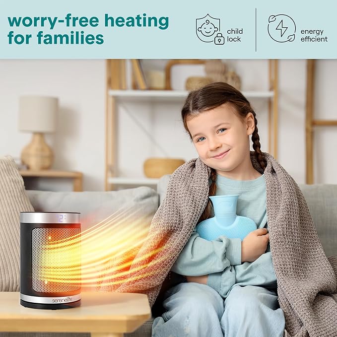SereneLife Portable Space Heater – 1500W PTC Ceramic Electric Heater with Thermostat, Remote, 12-Hour Timer, 3 Heating Modes, Oscillation, Safe & Quiet for Home, Office, Bedroom (Black)