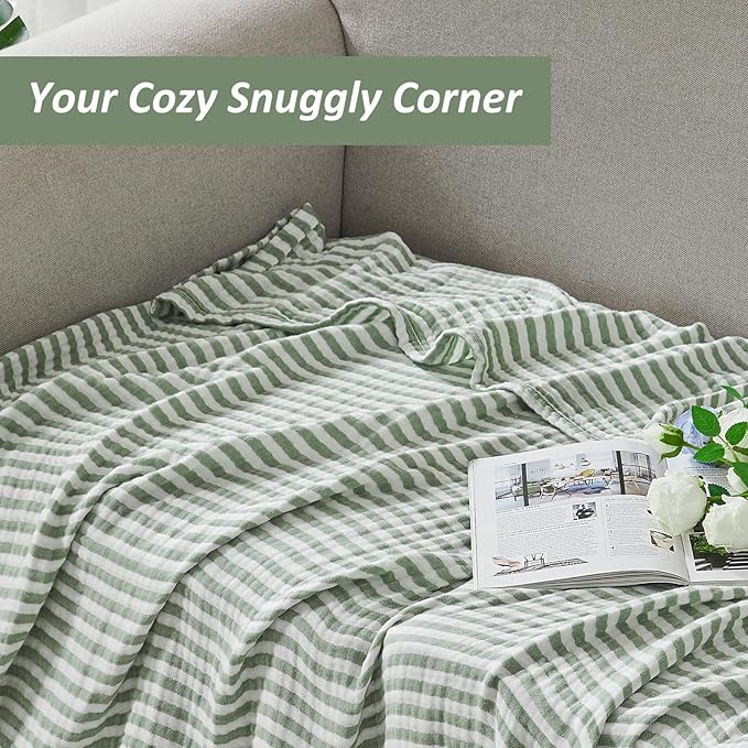 EMME Cotton Muslin King Blanket Bed Layering Bedspread Coverlet Breathable Gauze Soft Lightweight (Striped Sage Green, 108"x90")