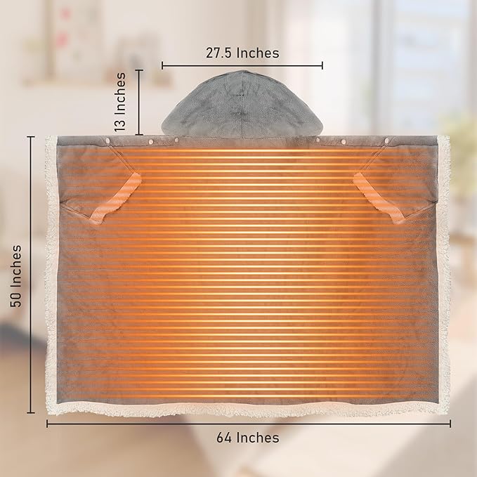 Heated Blanket Wearable Shaw - Electric Wrap Poncho Heated Throw Blanket with Hand Pockets, 50 * 64", 6 Heating Levels & 1-4H Timer, Ideal for Family, Light Grey
