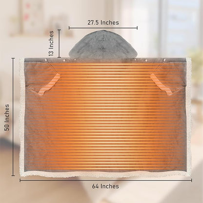 Heated Blanket Wearable Shaw - Electric Wrap Poncho Heated Throw Blanket with Hand Pockets, 50 * 64", 6 Heating Levels & 1-4H Timer, Ideal for Family, Light Grey