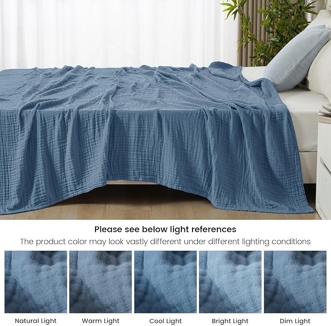 PHF Cooling Muslin King Blanket for Hot Sleepers, 60% Viscose from Bamboo, 40% Cotton and 4-Layer Breathable Gauze Blanket for Bed Couch, 108"x90", Prussian Blue