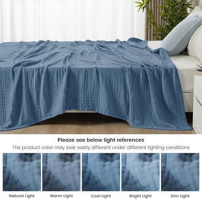 PHF Cooling Muslin Twin Blanket for Hot Sleepers, 60% Viscose from Bamboo, 40% Cotton and 4-Layer Breathable Gauze Blanket for Bed Couch, 66"x90", Prussian Blue