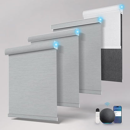 Motorized Blinds with Remote,Blackout Smart Roller Shades with App,Voice Control,Jacquard Fabric,Thermal Insulated Automatic Blinds,Electric Shades with USB/Solar Pannel.Jacquard Silver Grey
