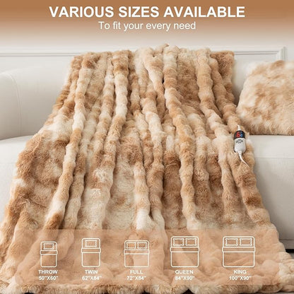Faux Fur Electric Blanket Twin Size 62"X84" - Bubble Heated Blanket Fluffy Soft Fuzzy with 6 Fast Heating Levels & 10 hrs Timer Settings, Washable & ETL Certified for Office Bed, Tie-Dye Beige
