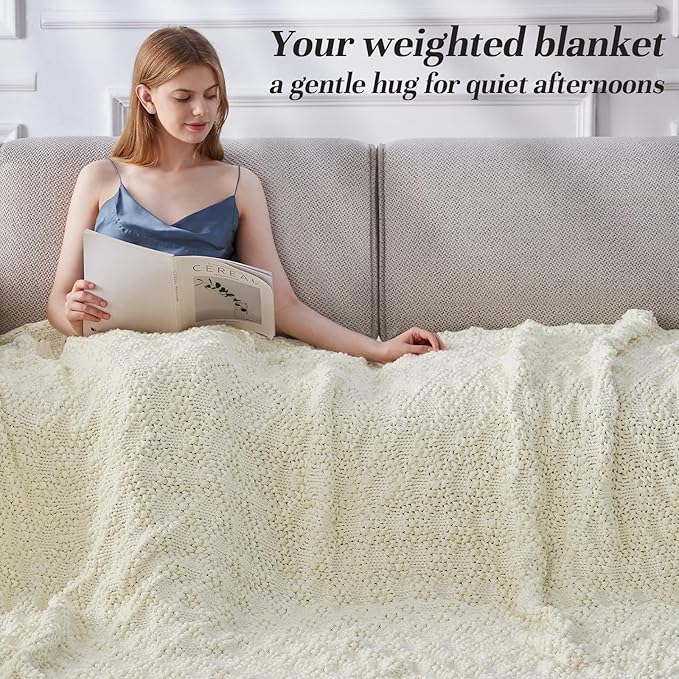 Knitted Weighted Blanket for Adult, Chunky Knit Weighted Throw for Sleep 50"*60" 10lbs, Cooling Breathable Heavy Blanket for Hot Sleepers, Machine Washable Blanket for Room Decor(Ivory White)