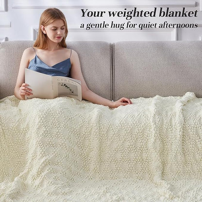 Knitted Weighted Blanket for Adult, Chunky Knit Weighted Throw for Sleep 50"*60" 5lbs, Cooling Breathable Heavy Blanket for Hot Sleepers, Machine Washable Blanket for Room Decor(Ivory White)
