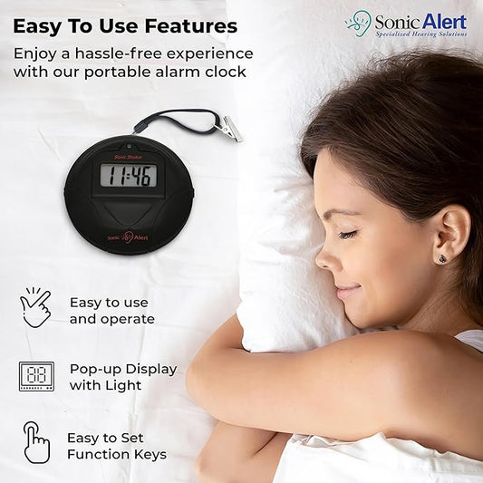 Sonic Alert Portable Loud Vibrating Alarm Clock, Black - SBP100B - Sonic Shaker Loud Vibrating Alarm Clock - Wake with a Shake