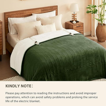 Homemate Electric Heated Blanket Queen - 84"x90" Heating Bed Blankets Throw with 10 Heating Levels 8 Hours Auto Off Fast Heating Over-Heated Protection Ultra Soft Warm Flannel ETL Certified Green