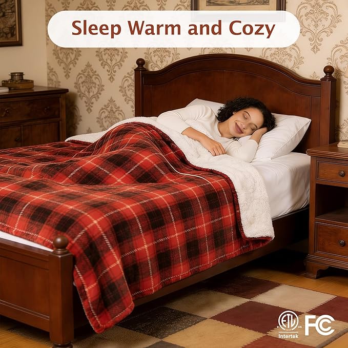 Red Christmas Electric Heated Blanket 62"x84", Fast Heating Twin with 8 Hours Auto Off/8 Heats Levels, Soft Plaid Sherpa with ETL Certification, Gift for Women Adults Keep Warm in Home Office