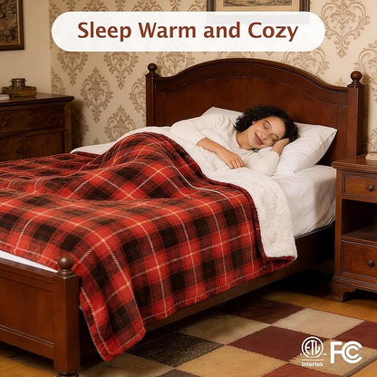 Red Christmas Electric Heated Blanket 62"x84", Fast Heating Twin with 8 Hours Auto Off/8 Heats Levels, Soft Plaid Sherpa with ETL Certification, Gift for Women Adults Keep Warm in Home Office