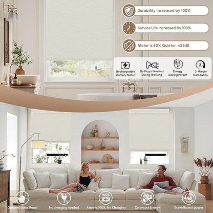 Kincmo No Drill Motorized Blinds with Remote, 100% Blackout Roller Shades for Windows, Custom Electric Blinds Compatible with Alexa, Apple Homekit, Google Home (100% Blackout Pure Cream)