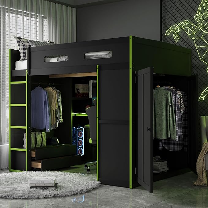 GOWE Full Size Wood Loft Bed with Desk,Wardrobe,Ample Storage Space,and RGB Light, Green(Old SKU:LT000261AAG)