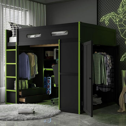 GOWE Full Size Wood Loft Bed with Desk,Wardrobe,Ample Storage Space,and RGB Light, Green(Old SKU:LT000261AAG)