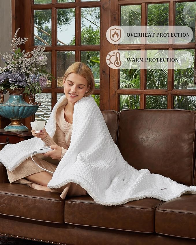 CAROMIO Heated Blanket Twin Size, Waffle Weave Electric Throw Blanket Fast Heating with LCD Controller, 10 Heat Levels & 1-12H Time Settings Auto Off, ETL Certified, Off White, 62" x 84"