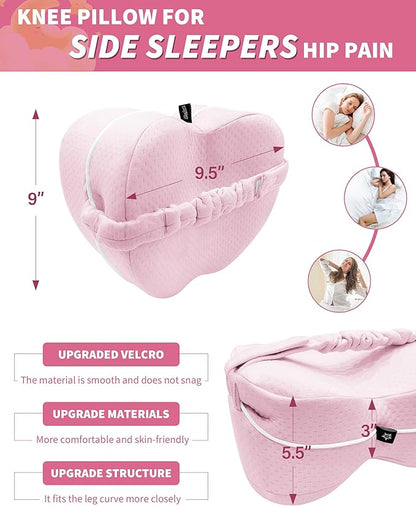 SPRING SEAON Knee Support Pillow for Side Sleepers – Deep Contour Memory Foam Leg Pillow with Adjustable Strap for Sciatica, Hip, Back & Knee Pain Relief – Breathable, Washable Cover, Pink