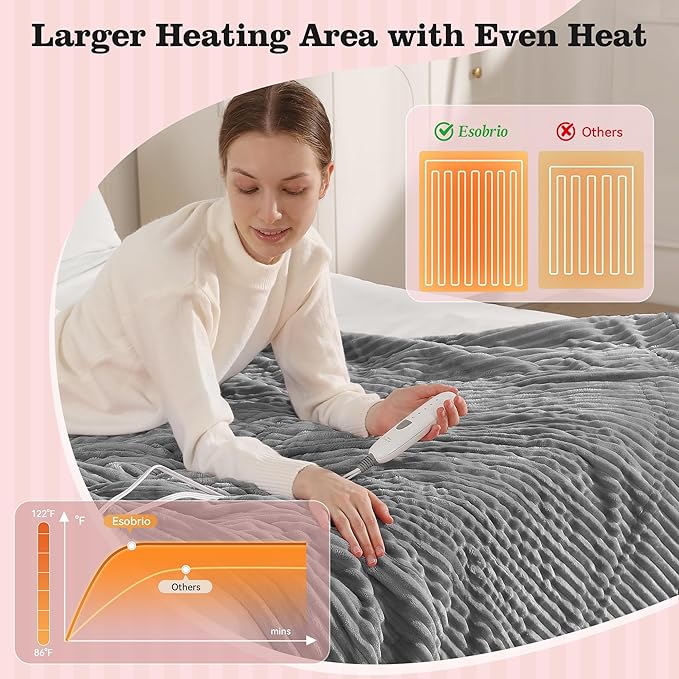 Electric Blanket Twin Size Heated Blanket - 62x84 inch Heating Blanket Twin with 5 Heat Levels & 10 Hours Auto-off, Cozy Flannel and Sherpa Fleece Heated Blankets Machine-washable, Warming Gift (Grey)