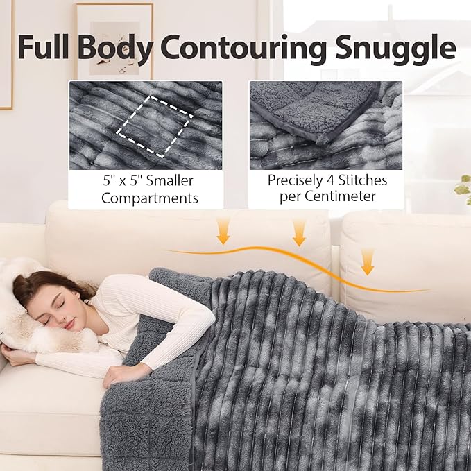 Sherpa Fleece Weighted Blanket with 3D Ribbed Stripes, 15 lbs Soft Flannel Heavy Throw Blanket for Couch Full Size Bed, Heavy Thick Blankets with Glass Beads, Great for Deep Sleep, 60" x 80"
