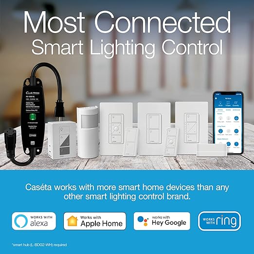 Lutron Caseta Original Smart Dimmer Switch (Lutron Smart Hub Required), for LED Lights, 150 Watt, Single-Pole/3-Way, No Neutral Required, PD-6WCL-WH-2, White, 2 Pack