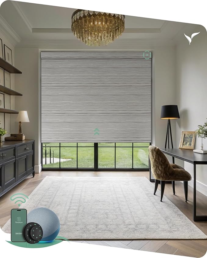 Yoolax Motorized Blinds with Remote, Smart Blinds for Windows Blackout Automatic Shades Compatible with Alexa Remote Control Roller Window Shades with Valance, Custom Size (V-Jungle Grey Feather)
