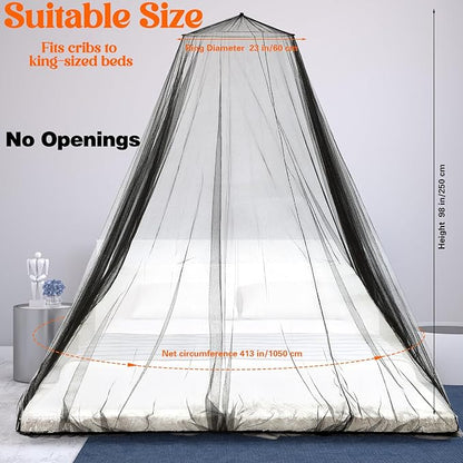 Fully Enclosed Mosquito Net Round Dome Canopy for King-Sized Beds No Opening Conical Design Bed Canopy for Insect Protection Easy Installation with Hanging Kit & Adhesive Ceiling Hook (Black)