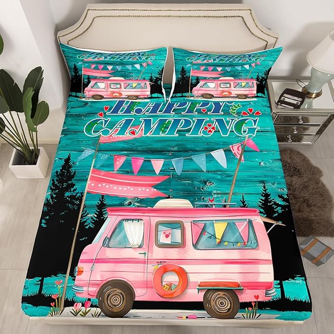 Happy Camping Kids Fitted Sheet Twin Size,Camper Truck RV Trailer Outdoor Adventure Bedding Set,Girls Women Room Decor,Woode Plank Rustic Bed Cover,Pink Teal Bed Sheet,1 Pillowcase(No Top Sheet)