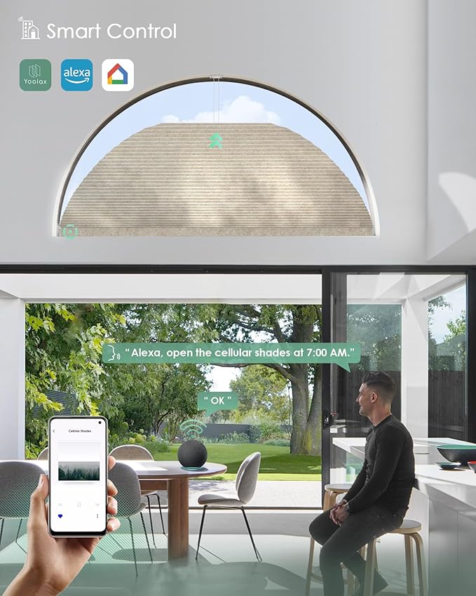 Yoolax Smart Cellular Shades, Motorized Arch Window Honeycomb Blinds Motorized Blinds with Remote Compatible with Alexa, Customized Arched Cellular Shades (Half Shading Texture Light Coffee)