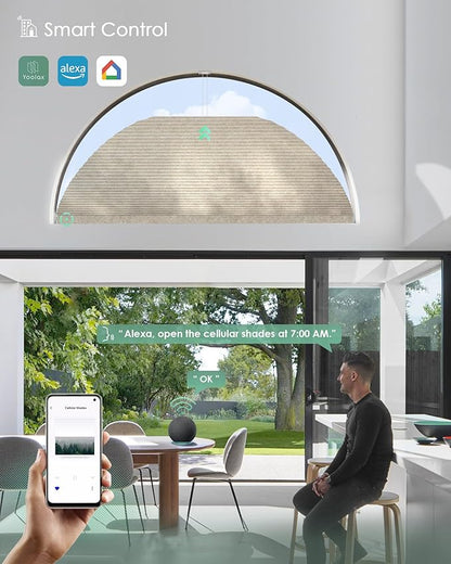 Yoolax Smart Cellular Shades, Motorized Arch Window Honeycomb Blinds Motorized Blinds with Remote Compatible with Alexa, Customized Arched Cellular Shades (Half Shading Texture Light Coffee)