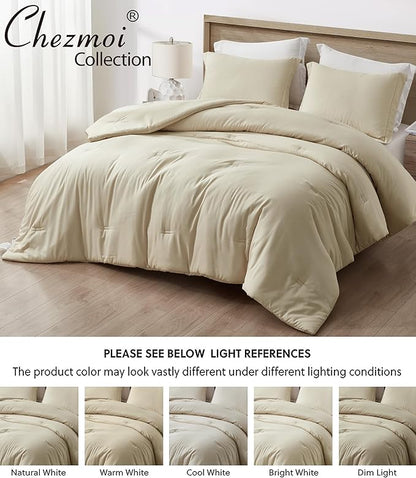 Chezmoi Collection Cliff 3-Piece Lightweight Cooling Comforter Set, Oversized King - Rayon Derived from Bamboo & Polyester Blended, Soft Breathable Bedding for Hot Sleepers, Sand