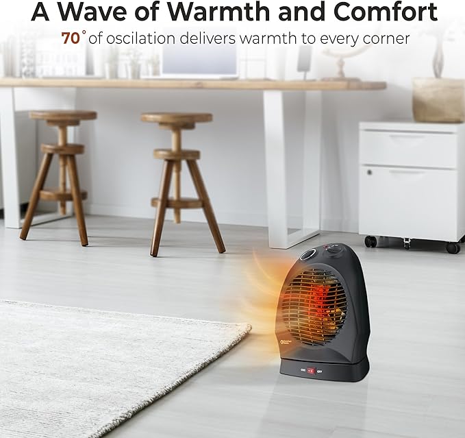 Comfort Zone Oscillating Space Heater with Adjustable Thermostat, Desktop, Fan-Forced, Portable, Overheat Sensor, Tip-Over Switch, Stay-Cool Housing, Ideal for Home, Bedroom, Office, 1,500W, CZ50BK