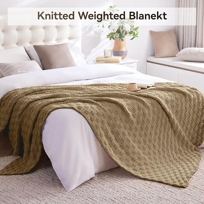 Knitted Weighted Blanket for Adult, No Beads Heavy Blanket 60” x 80'' 20lbs, Breathable Chunky Knit Blanket, Cooling Weighted Blanket for Hot Sleepers, Christmas Home Decor (Camel)
