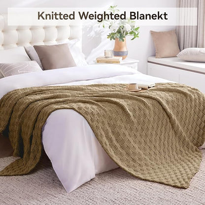 Knitted Weighted Blanket for Adult, No Beads Heavy Blanket 48” x 72'' 12lbs, Breathable Chunky Knit Blanket, Cooling Weighted Blanket for Hot Sleepers, Christmas Home Decor (Camel)