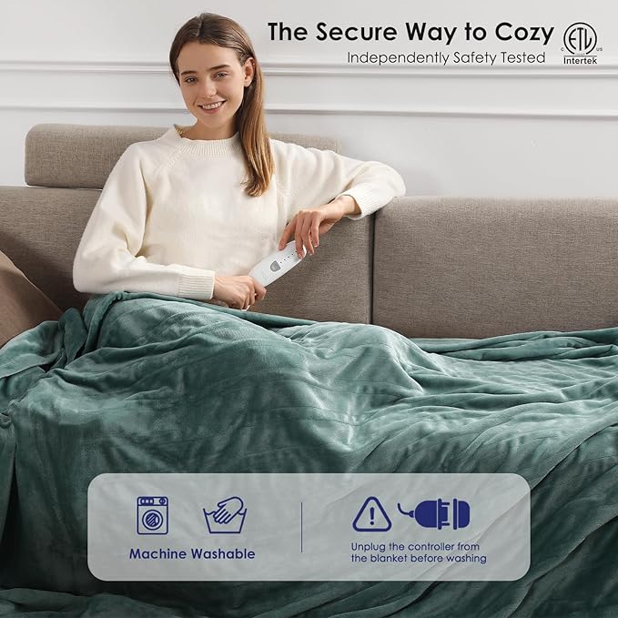 Electric Blanket Full Green Heated Blanket 72''X84'', Ultra Soft Silky Flannel Heating Blanket with 5 Heat Levels & 10 Hrs Timer, ETL Certified & Overheat Protection, Gifts for Grandma(Hunter Green)