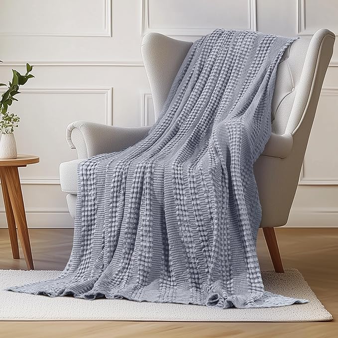 Cooling Cotton Waffle Weave Throw Blanket - Lightweight Breathable Blanket of 50% Rayon Derived from Bamboo for Hot Sleepers, Summer Throws for Couch Bed Sofa, Light Blue, 50"x60"