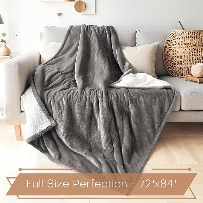 Electric Heated Blanket Throw Size 50"x60" - Flannel & Sherpa Fabric Dual-Sided, 6 Heat Settings & 3 Hours Auto Off, Soft & Cozy Warming Throw for Home, Office, or Bed, Machine Washable, Light Gray