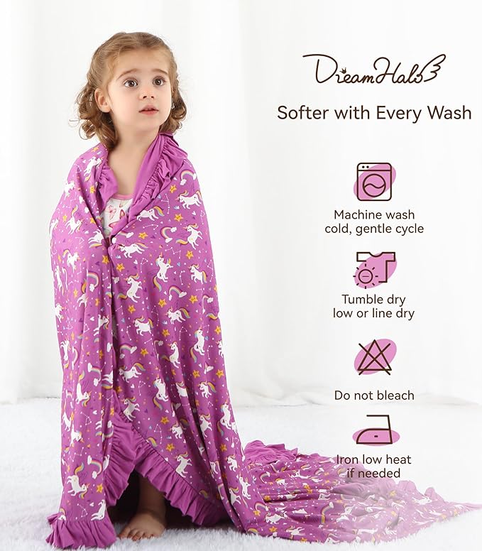 Premium Baby Blankets, Soft Viscose from Bamboo Blanket for Girls, Nursery Crib Bedding Quilt for Newborn and Toddler, Ruffle Blanket Cooling for Hot Sleepers 50''x50'' Purple Unicorn