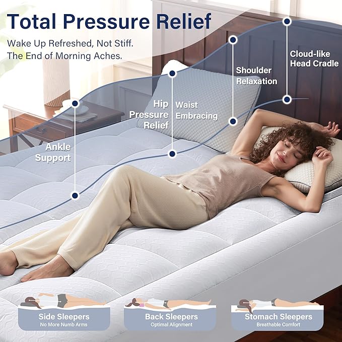 Anluoer Memory Foam Mattress Topper Queen for Back Pain,Down Alternative Pillow Top Mattress Topper,Thick Mattress Pad with 8-21" Deep Pocket, 60x80 Inches,White