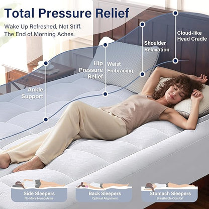 Anluoer Memory Foam Mattress Topper Twin for Back Pain,Down Alternative Pillow Top Mattress Topper,Thick Mattress Pad with 8-21" Deep Pocket, 39x75 Inches, White