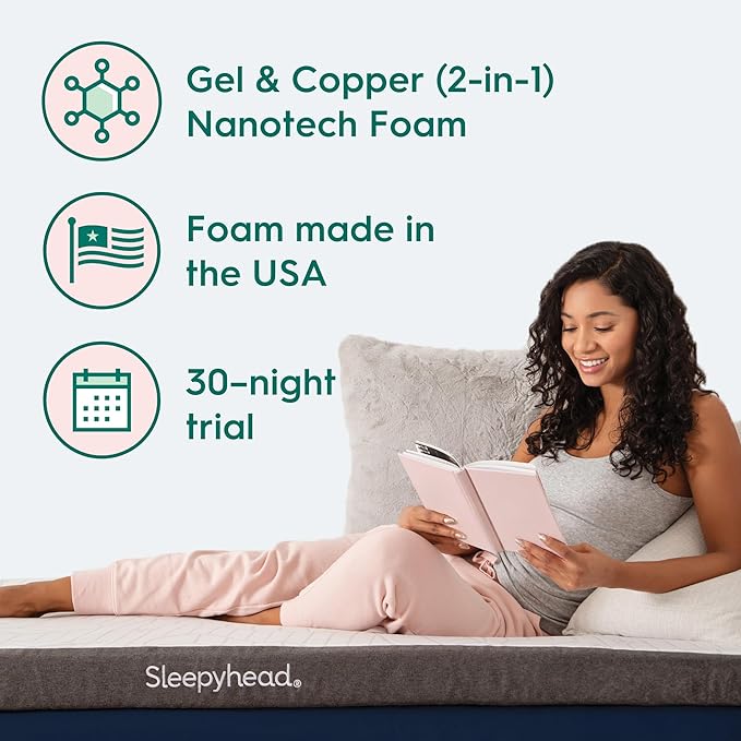 Sleepyhead Twin XL 3 Inch Super Memory Foam Mattress Topper for College Dorm – Copper & Gel Infused, Cooling, Washable Cover, Thick & Comfortable Mattress Pad, Dorm Room Essentials (XL Twin 3")