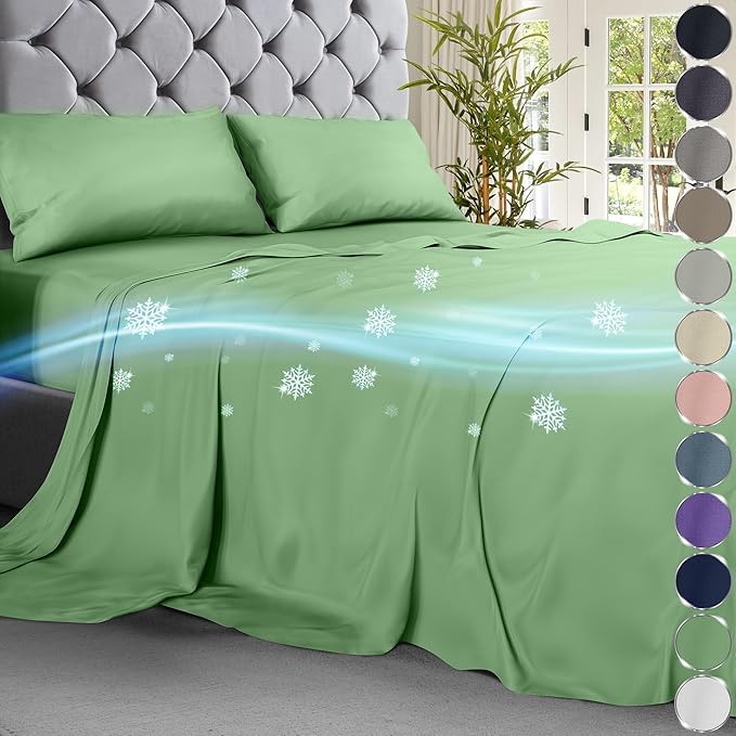 DECOLURE Cooling Bed Sheets Cal-King Set 4pcs - Luxurious & Soft California King Size Cooling Sheets for Hot Sleepers - Comfy & Cool California King Bamboo Viscose Microfiber Sheets (Sage Green)