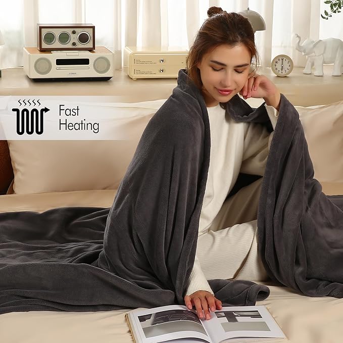 ESTINGO Electric Blanket Full Size - 72"x84" Cozy Coral Fleece Full Size Heated Blanket with Overheat Protection, Fast Heating Blanket with 6 Heating Levels & 1-10 Hours Adjustable Timer, Dark Gray