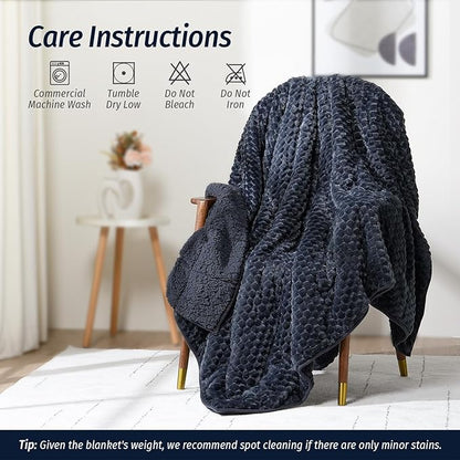 Wemore Fleece Weighted Blanket for Adults (60" x 80" 15lbs, Grey-Blue), Dual Sided Cozy Soft Sherpa Heavy Blanket, 3D Imitation Turtle Shell Warm Jacquard Flannel Weighted Blankets for Couch and Bed
