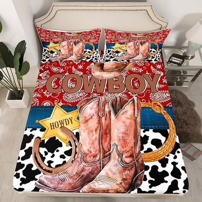 Western Cowboy Bed Sheet Set American Tribal Boots Horseshoe Retro Fitted Sheet for Ultra Soft Red Boho Paisley Rustic Cowhide Patchwork Bedding Cover Set Room Decor Queen (No Flat Sheet)