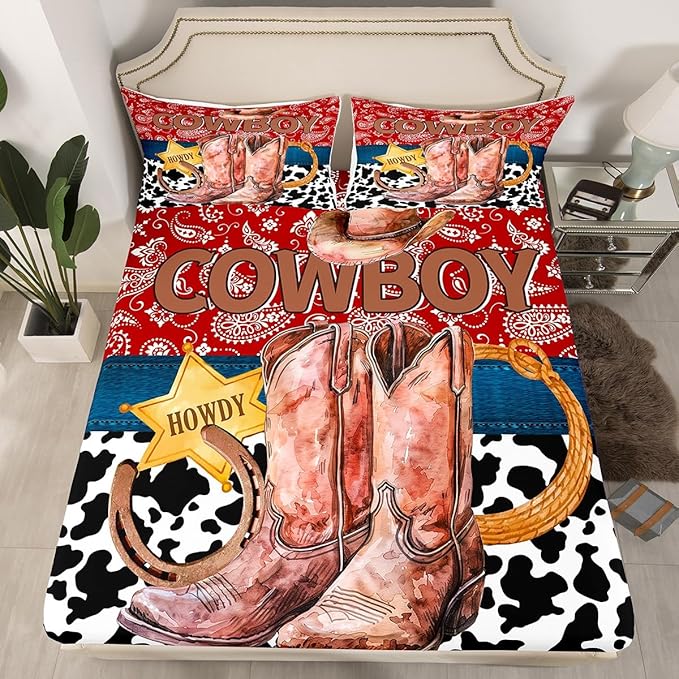 Western Cowboy Bed Cover(1 Fitted Sheet+1 Pillow Case),American Tribal Boots Horseshoe Retro Bedding Set for Room Decor,Red Boho Paisley Rustic Cowhide Patchwork Bed Sheet Set,3Pcs Full Size