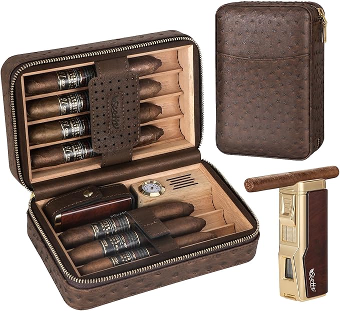 Scotte Cigar Humidor Box, Cedar Wood Lined Leather Case with Built-in Hygrometer & Humidifier, Torch Lighter with Cigar Holder & Punch - Portable Travel Humidor Kit (Dark Brown)