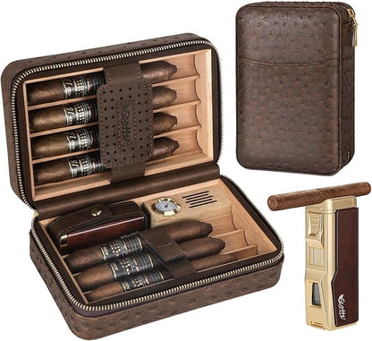 Scotte Cigar Humidor Box, Cedar Wood Lined Leather Case with Built-in Hygrometer & Humidifier, Torch Lighter with Cigar Holder & Punch - Portable Travel Humidor Kit (Dark Brown)