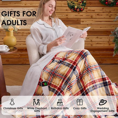 Heated Electric Blanket Queen Size, 84X90 Heating Blanket Queen with Dual Control&10 Heats Levels&Timer for Bed,Brown Plaid Sherpa Soft Blankets Warmer Gift for Grandma Women Adults, Washable
